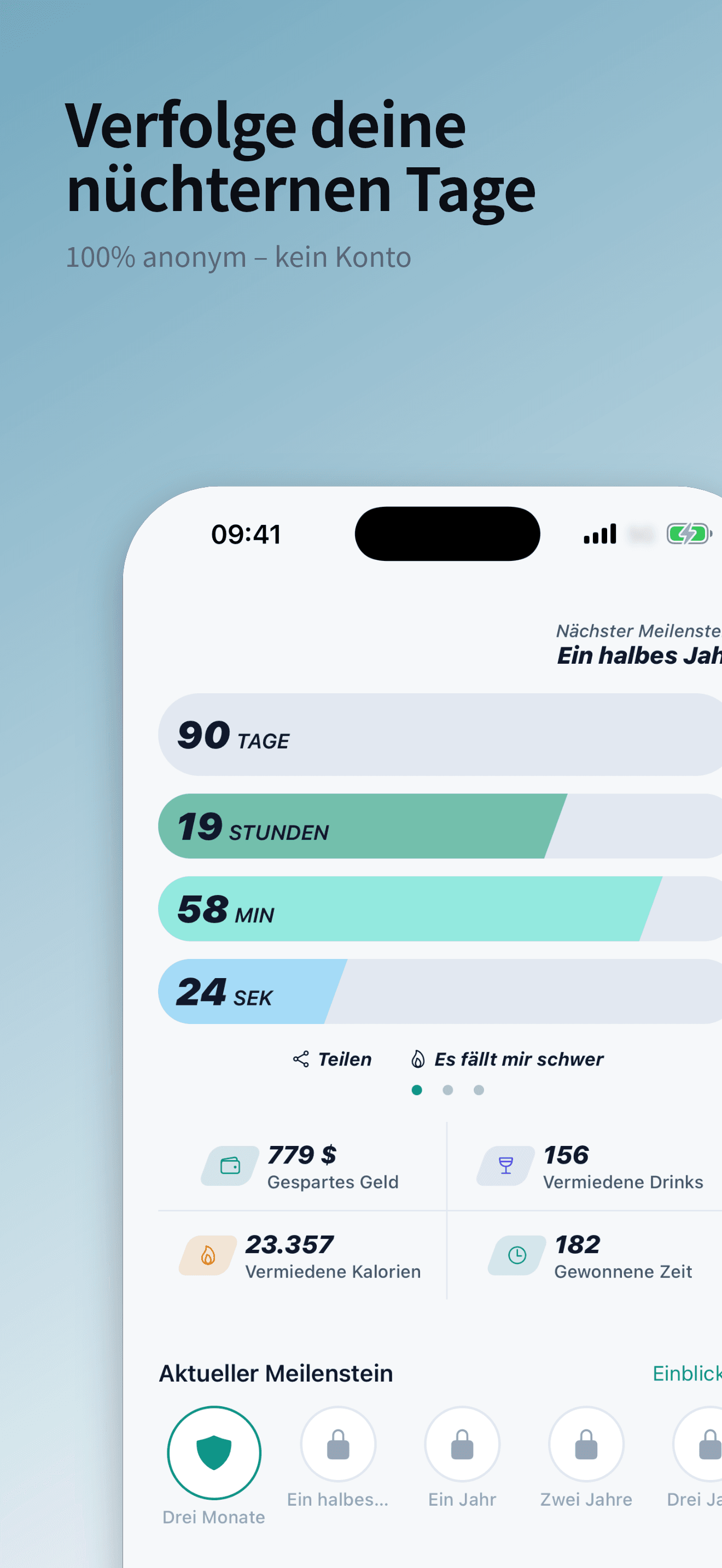Der Startbildschirm von Sober Tracker mit dem live nüchternen Tageszähler