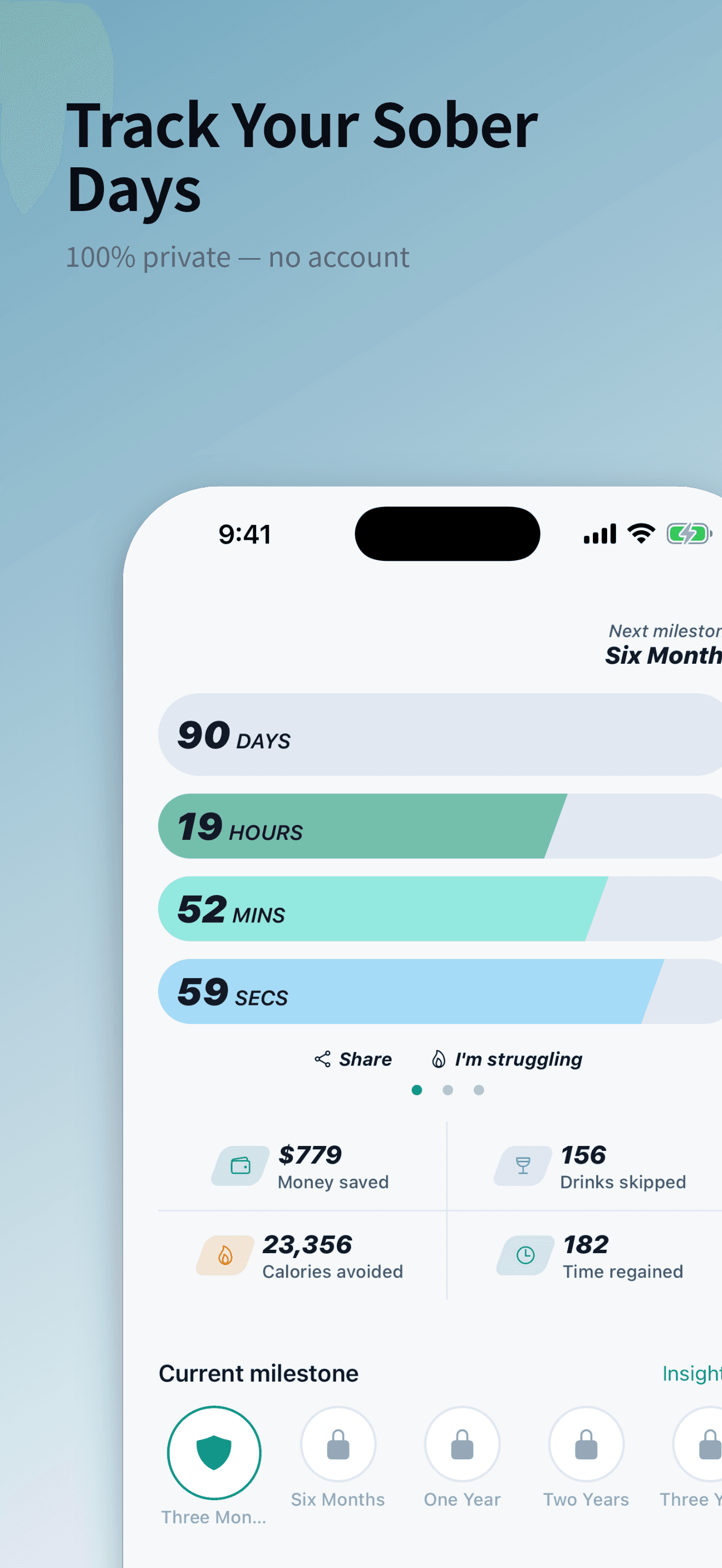 The Sober Tracker home screen showing a live sober-day counter