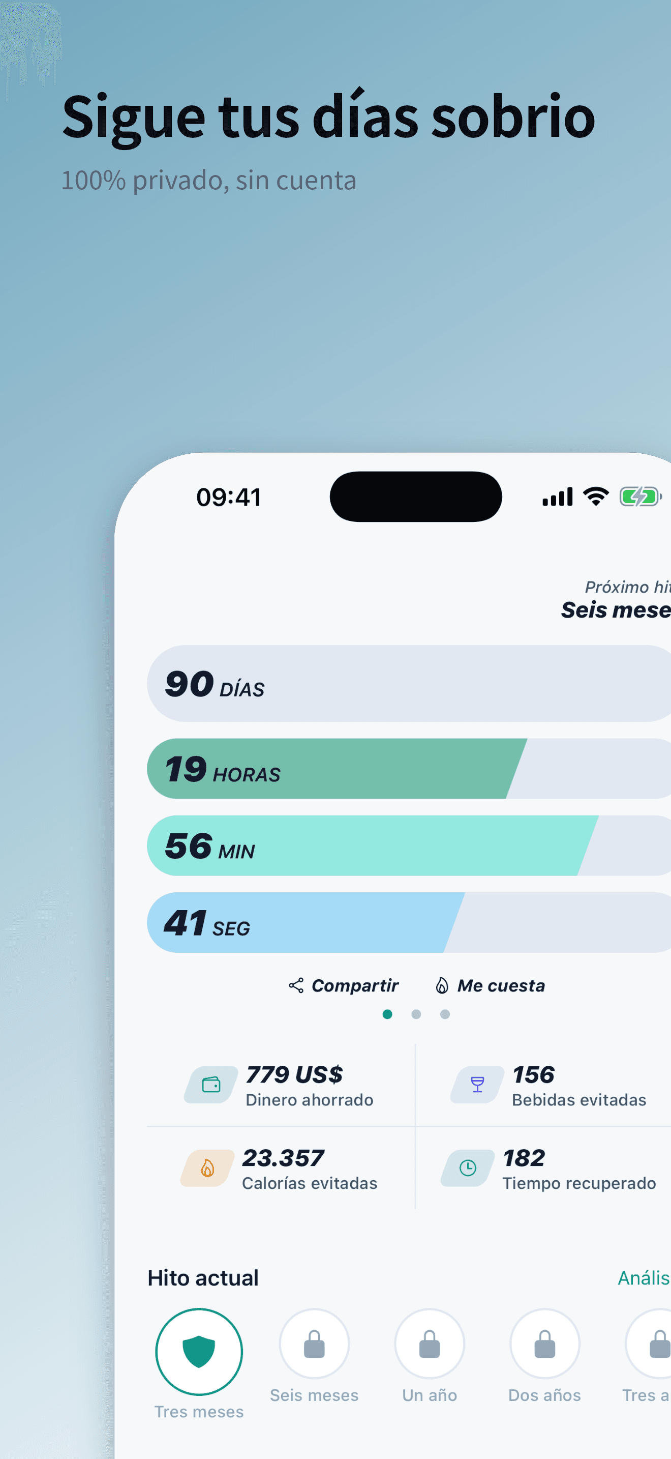 La pantalla de inicio de Sober Tracker con el contador de días sobrios en vivo