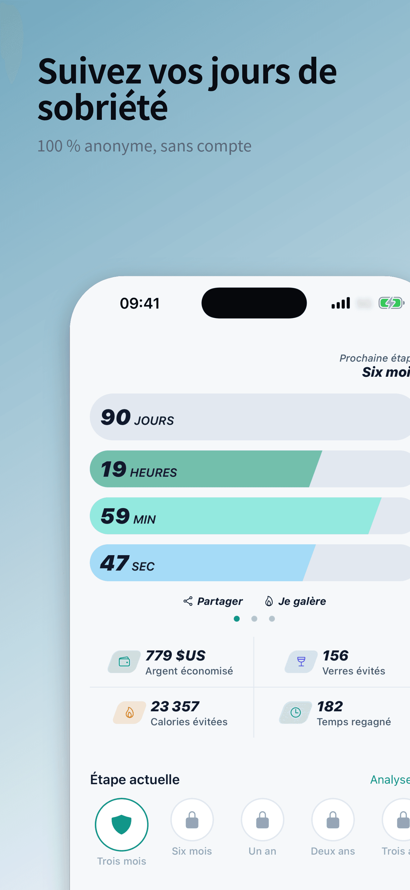 L'écran d'accueil de Sober Tracker avec le compteur de jours sobres en direct