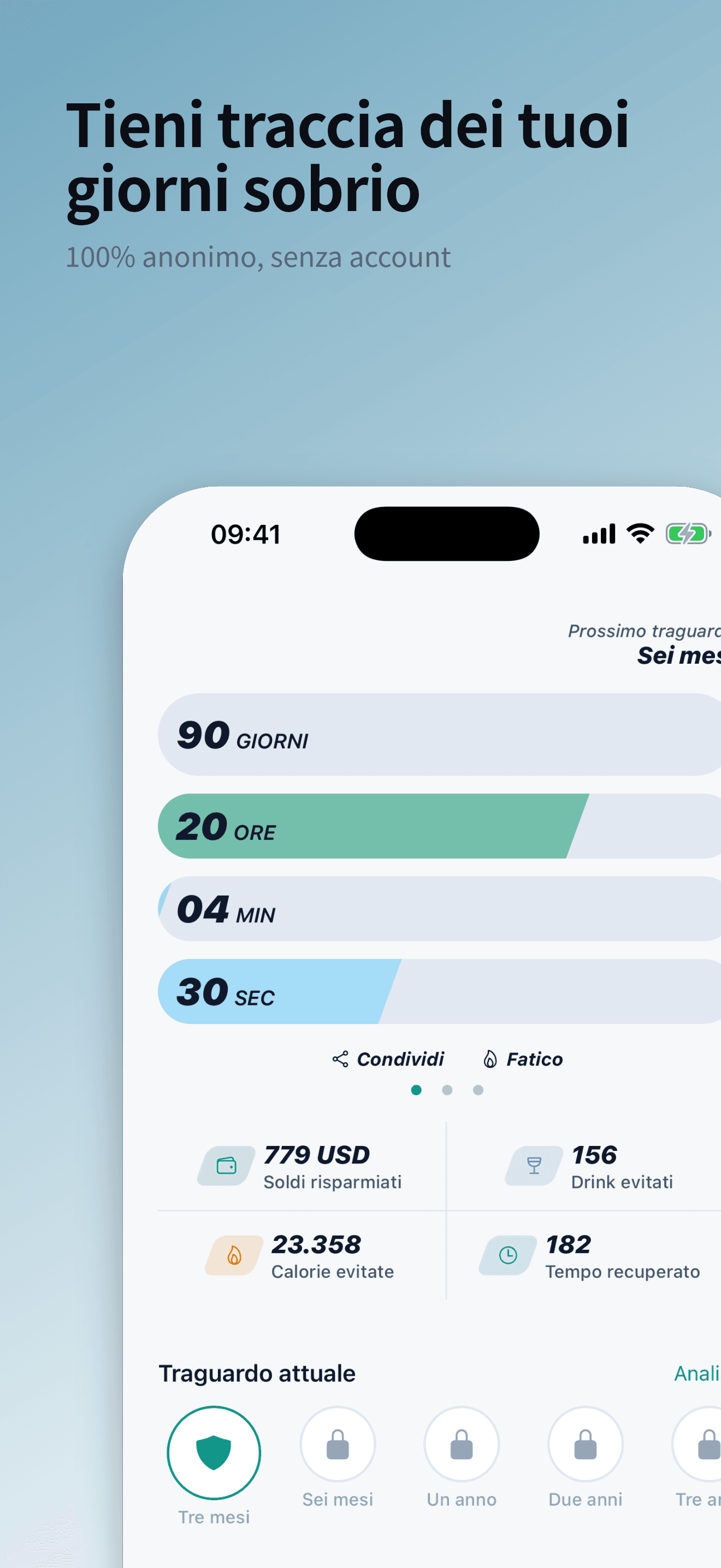 La schermata home di Sober Tracker con il contatore dei giorni sobri in tempo reale