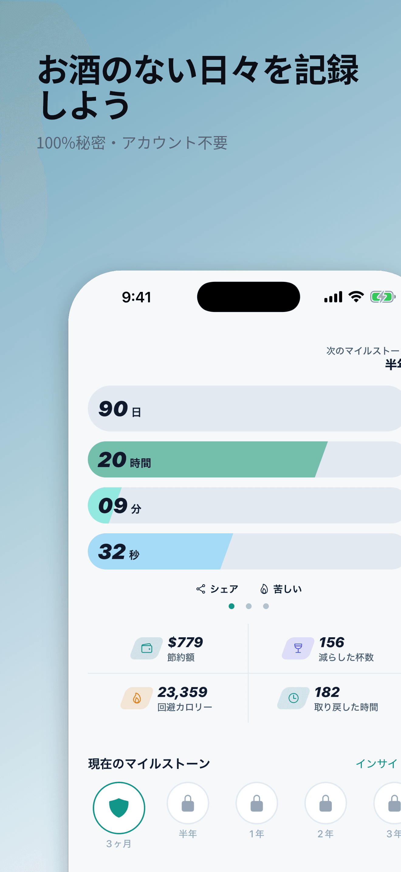 断酒日数カウンターを表示するSober Trackerのホーム画面