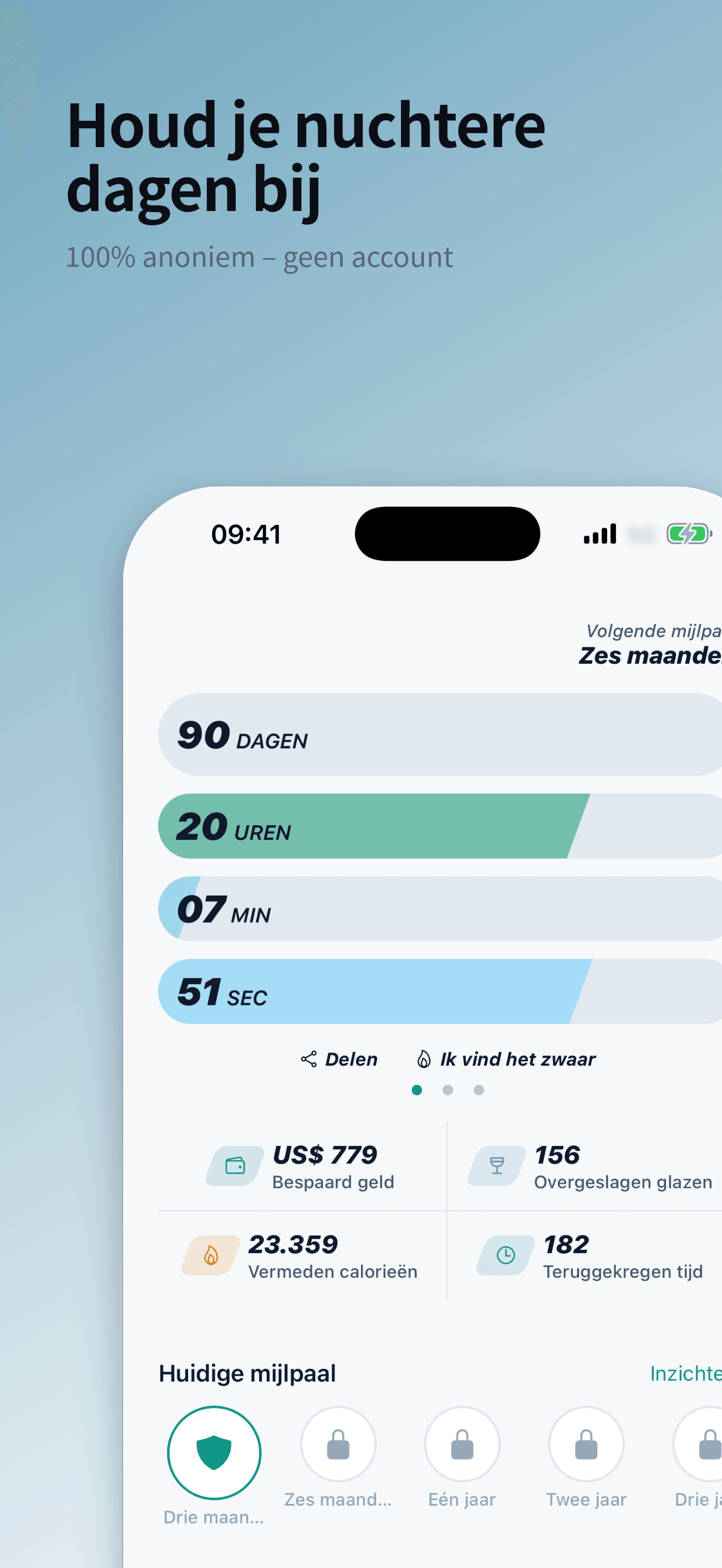 Het startscherm van Sober Tracker met de live teller van nuchtere dagen