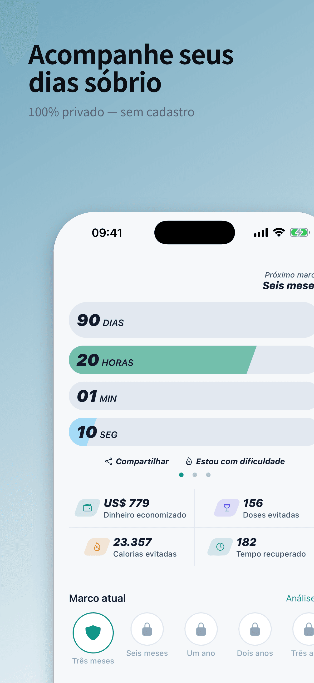 A tela inicial do Sober Tracker com o contador de dias sóbrios ao vivo