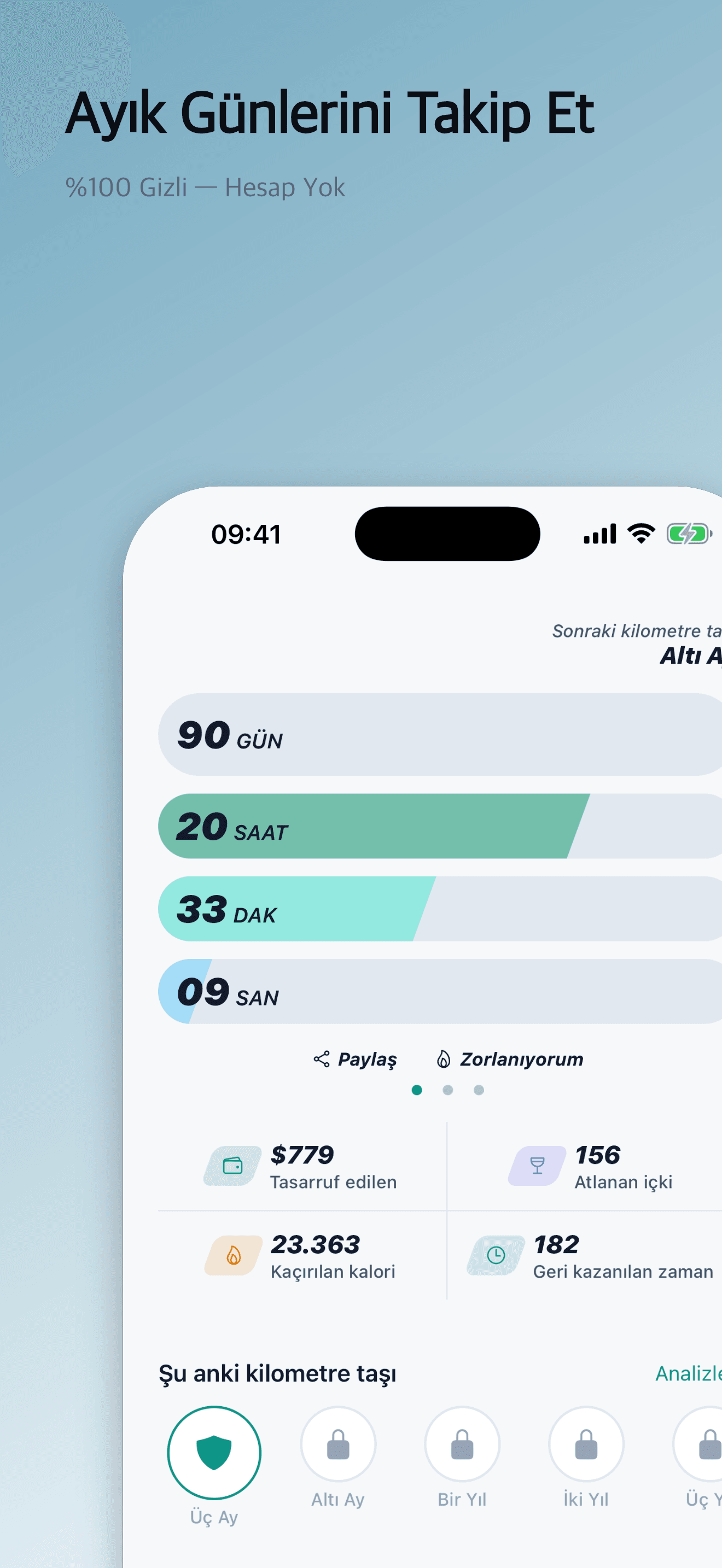 Canlı ayıklık sayacını gösteren Sober Tracker ana ekranı